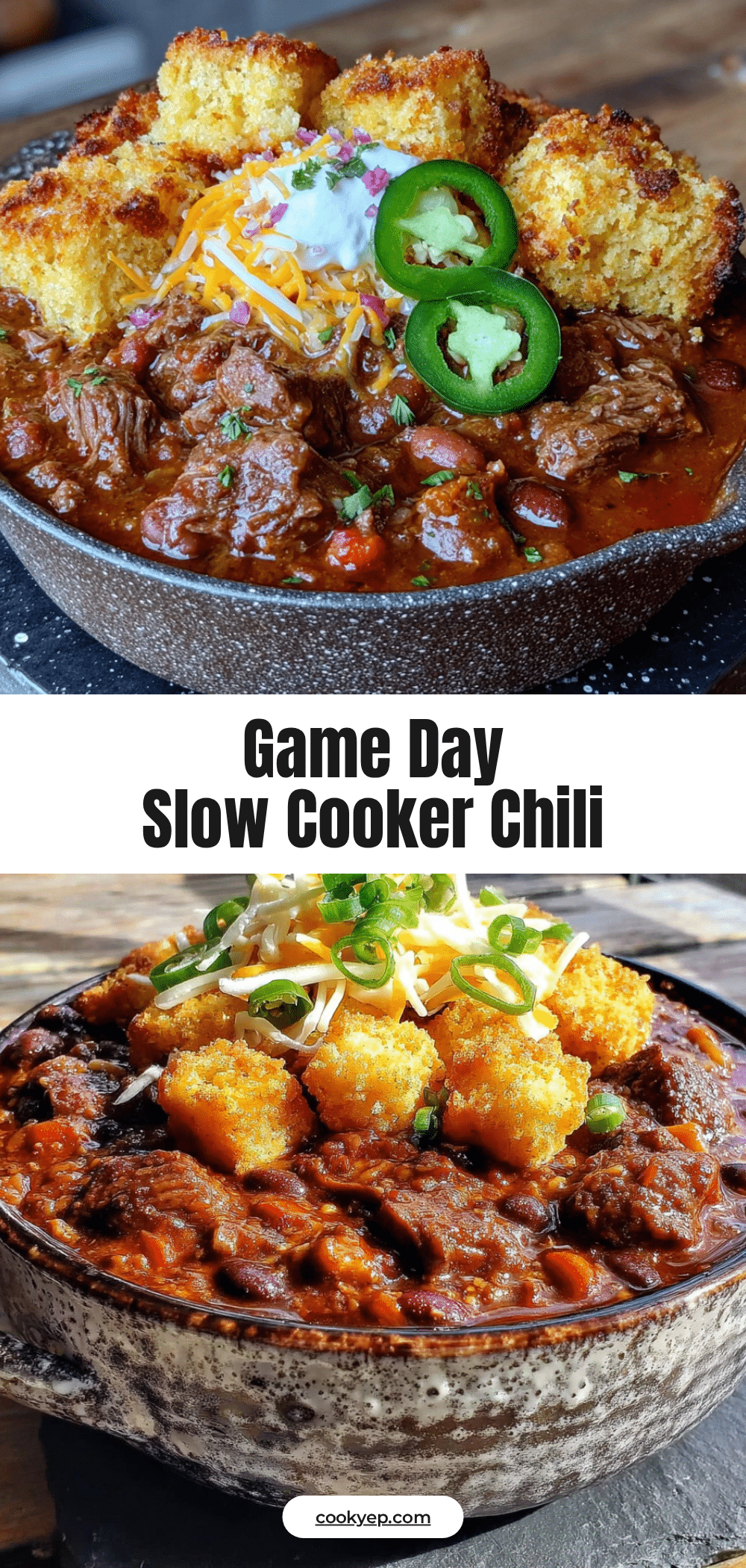 Best 7-layer slow cooker football Sunday chili with cornbread croutons recipe