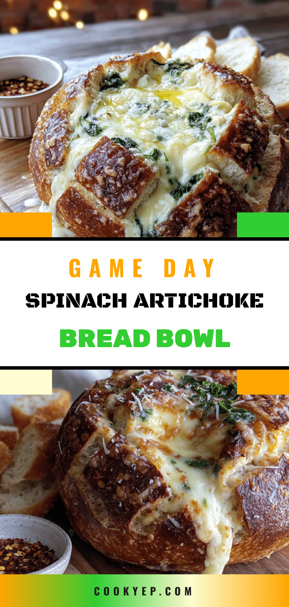 game day baked spinach artichoke dip football bread bowl recipe